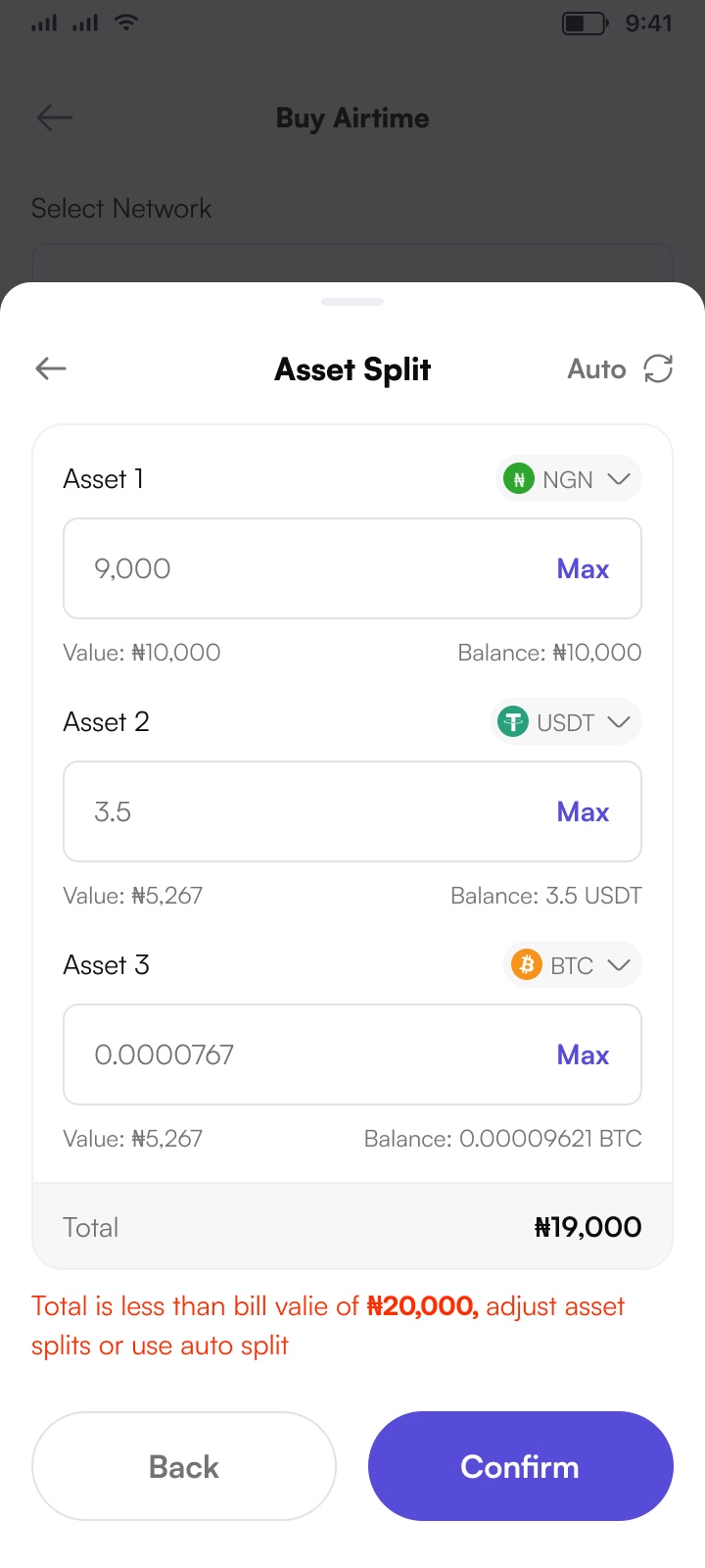 Asset split — pay one bill from NGN, USDT and BTC