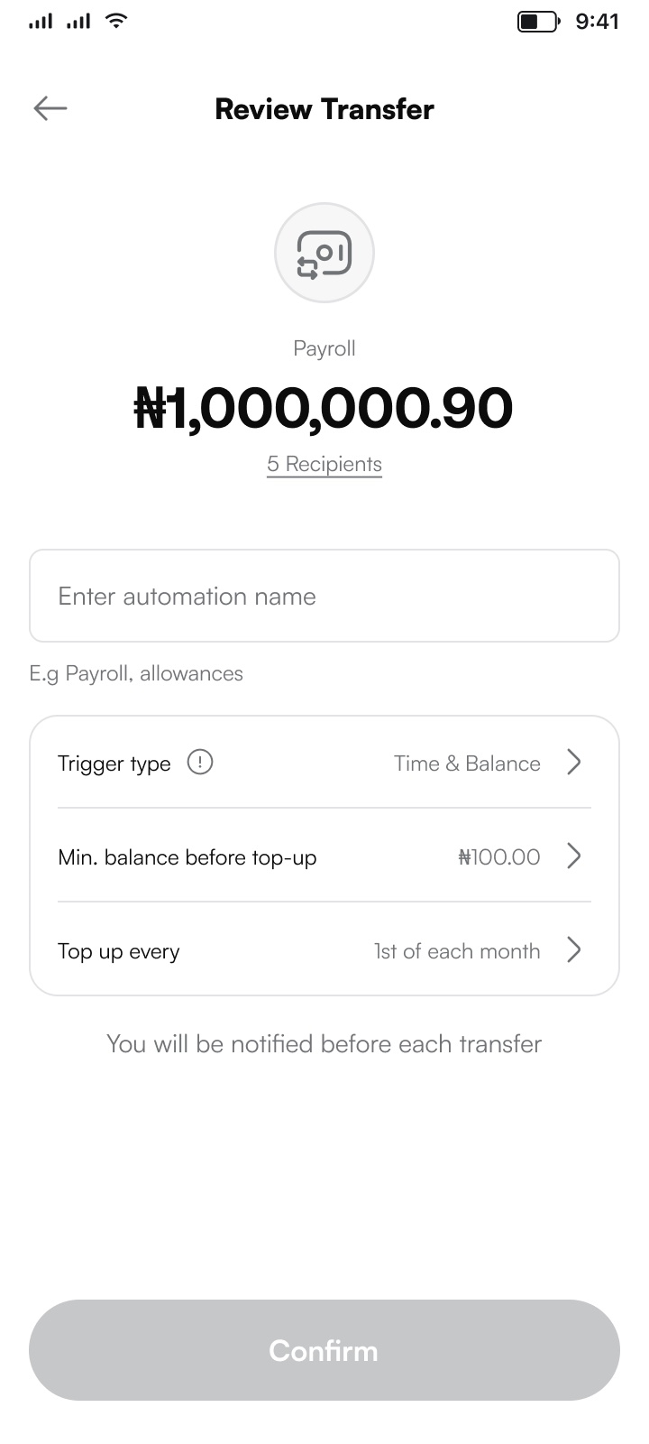 Bulk payment — payroll to 5 recipients