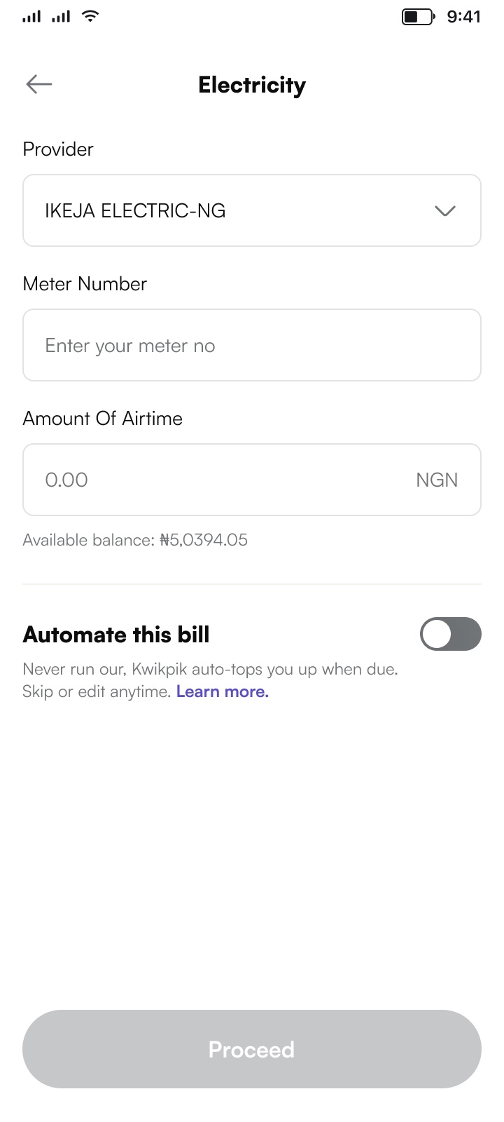 Electricity, with “automate this bill”