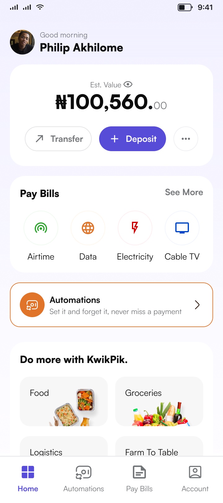 Home — wallet, bills and automations