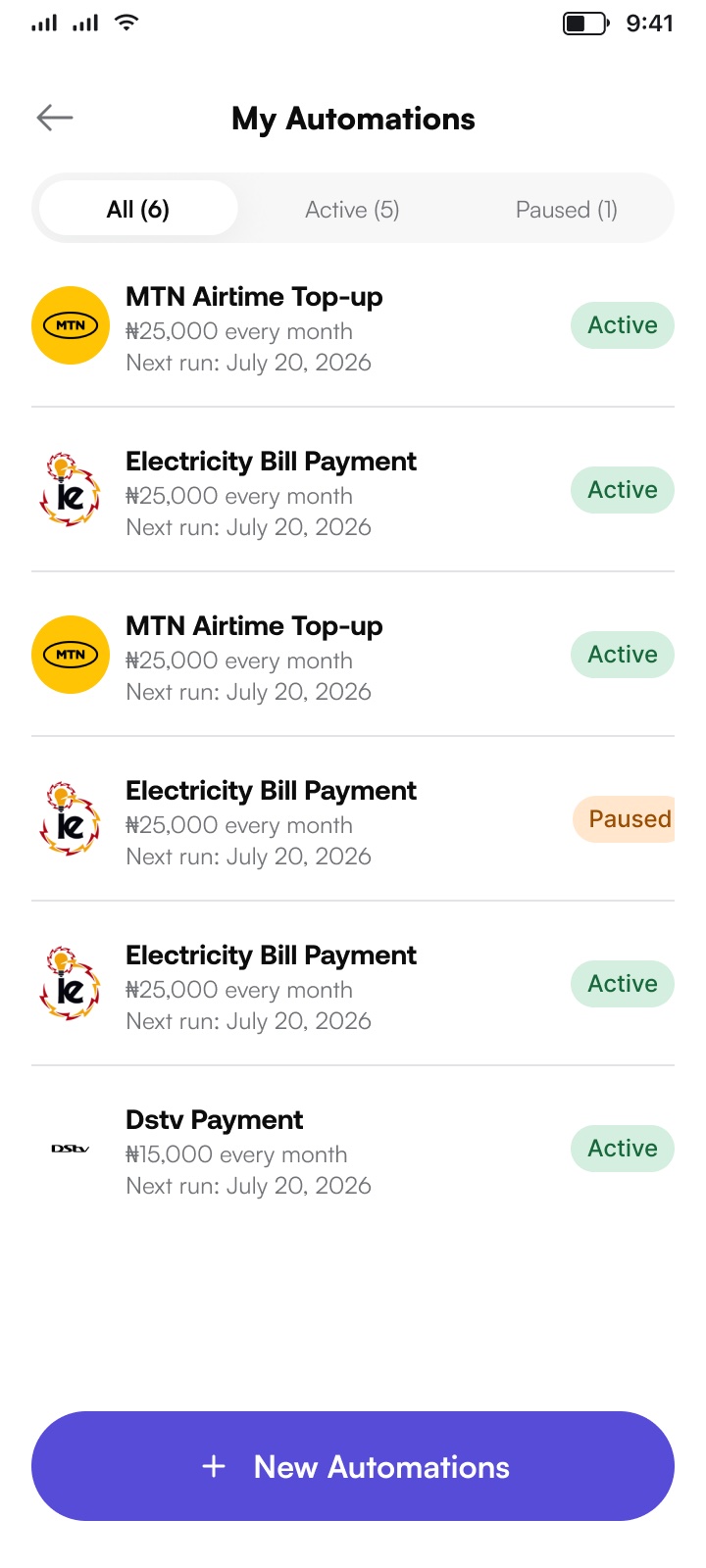 My automations — recurring airtime, power and TV