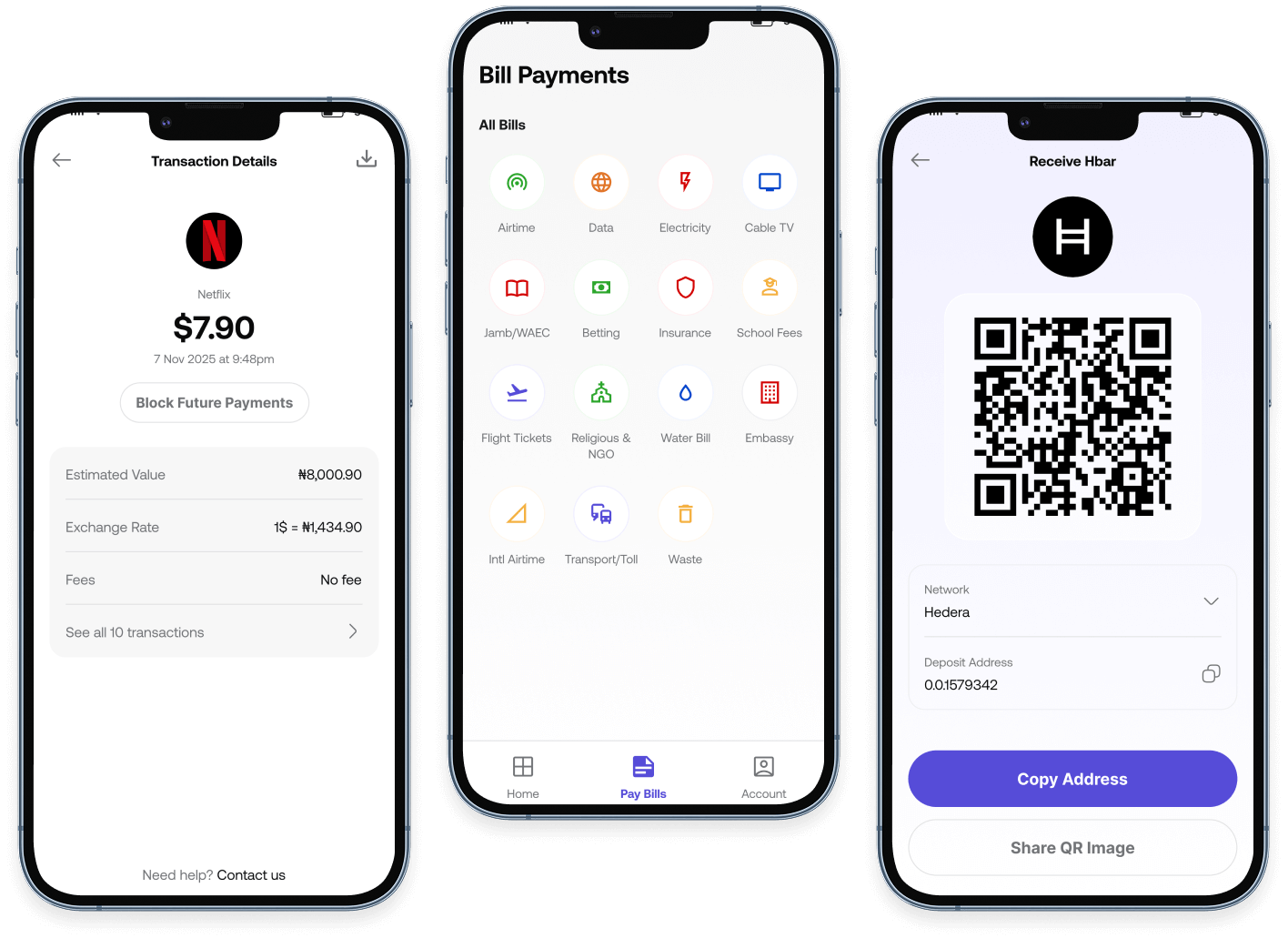 Transaction details, bill payments and a Hedera receive screen