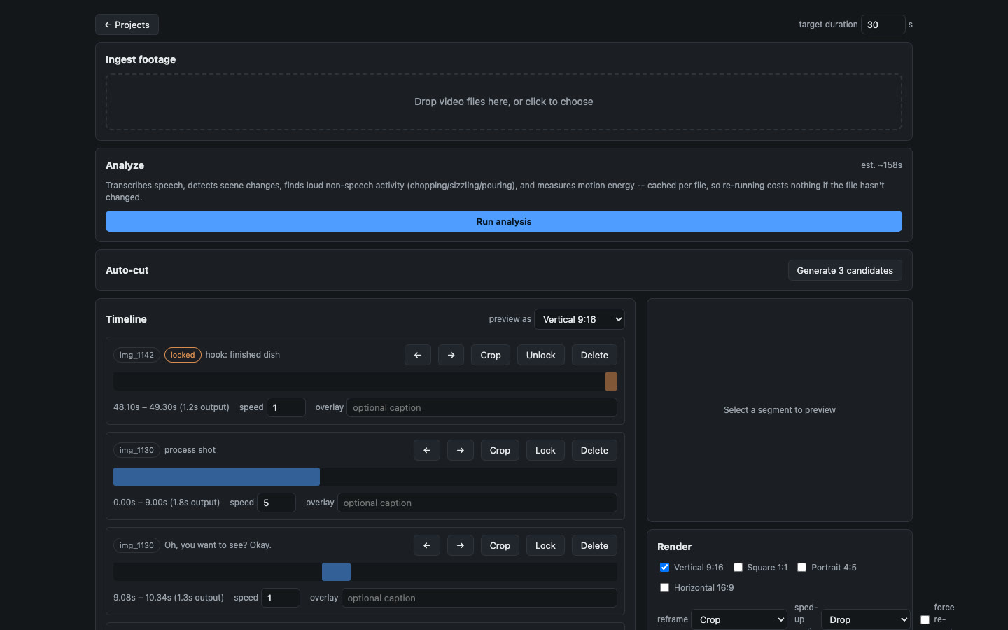 cookcut editor — ingest, analyse, auto-cut and the segment timeline