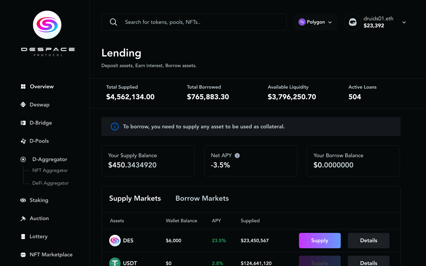 Lending — supply and borrow markets