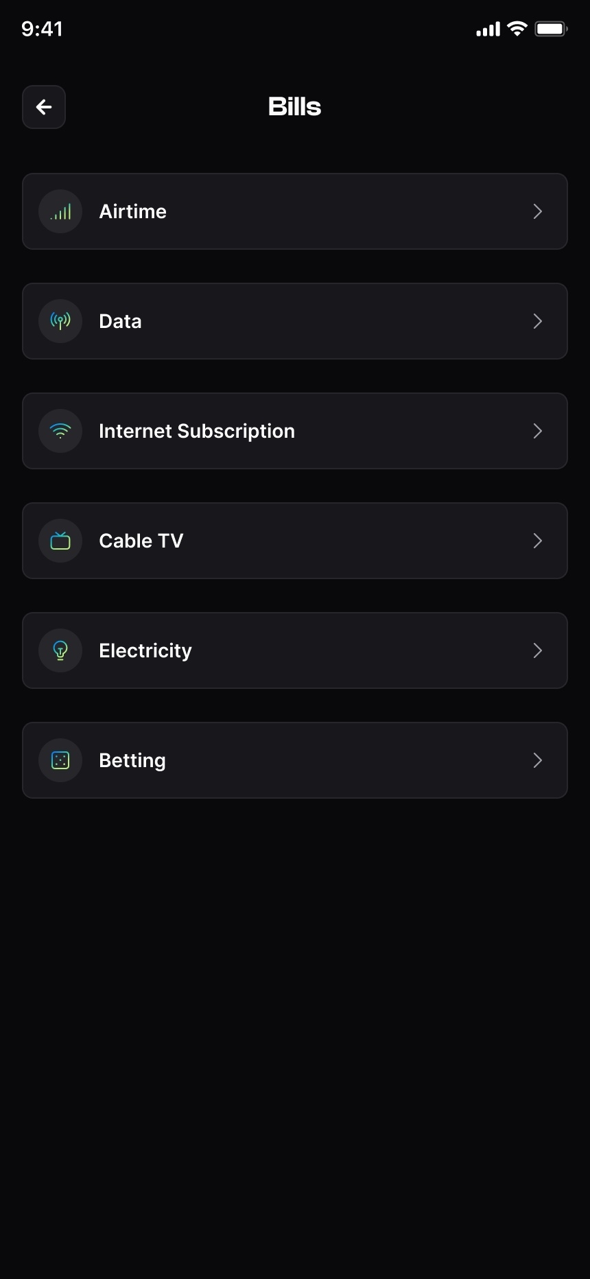 Bills — airtime, data, internet, TV, power, betting