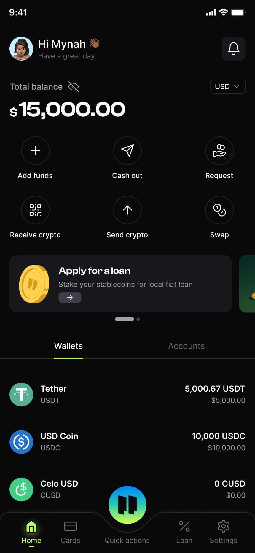 Home — total balance, quick actions and wallets