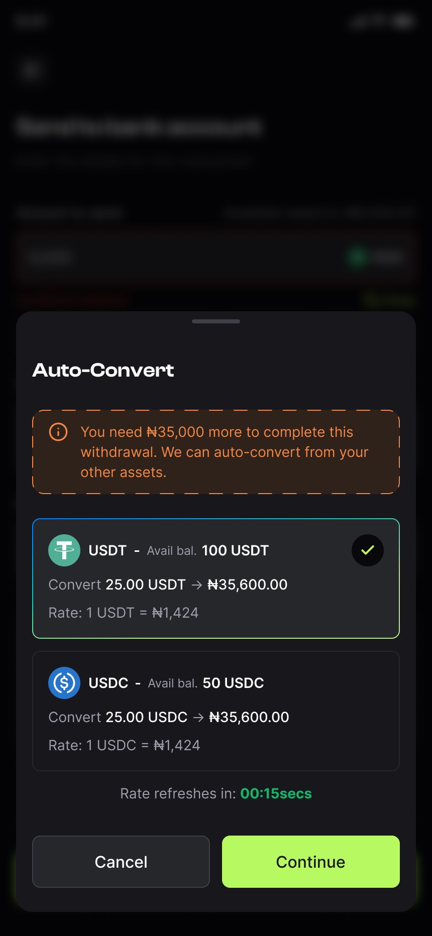Just-in-time swap — cover the shortfall from USDT or USDC