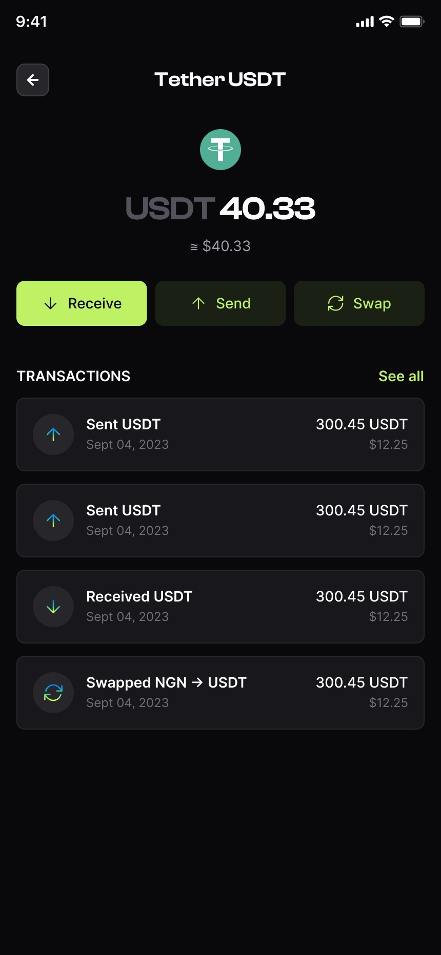 USDT wallet — receive, send, swap