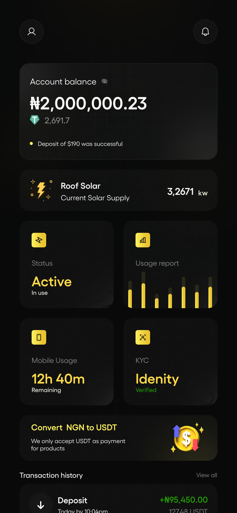 Dashboard — balance, solar supply, status and usage
