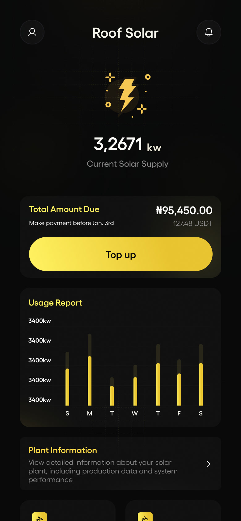 Roof solar — current supply, amount due and usage report