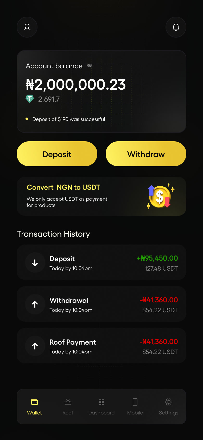Wallet — deposit, withdraw and transaction history